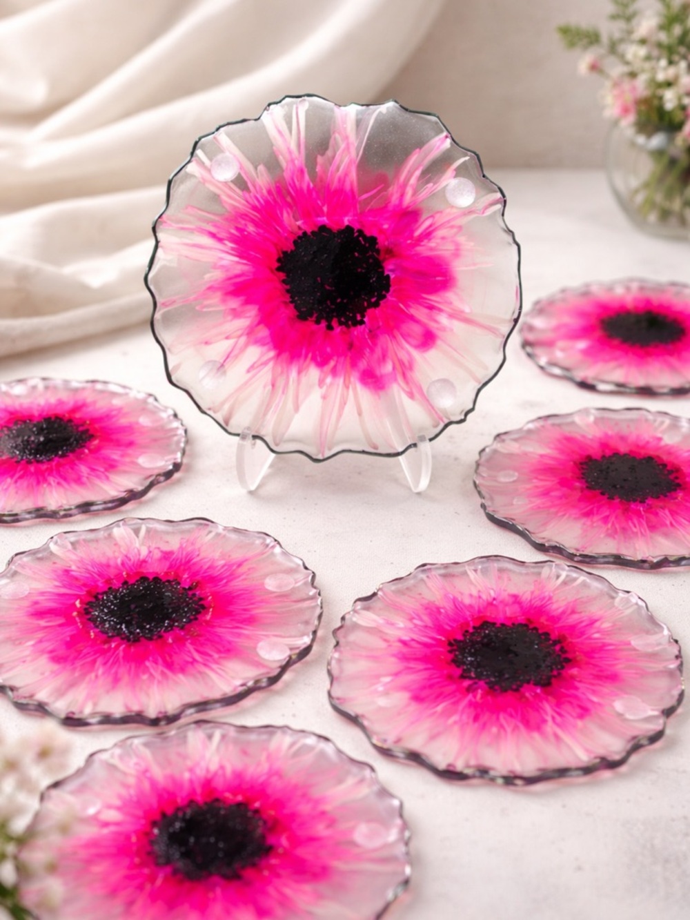 Handmade Pink Flower Resin Coaster Set - 4pc